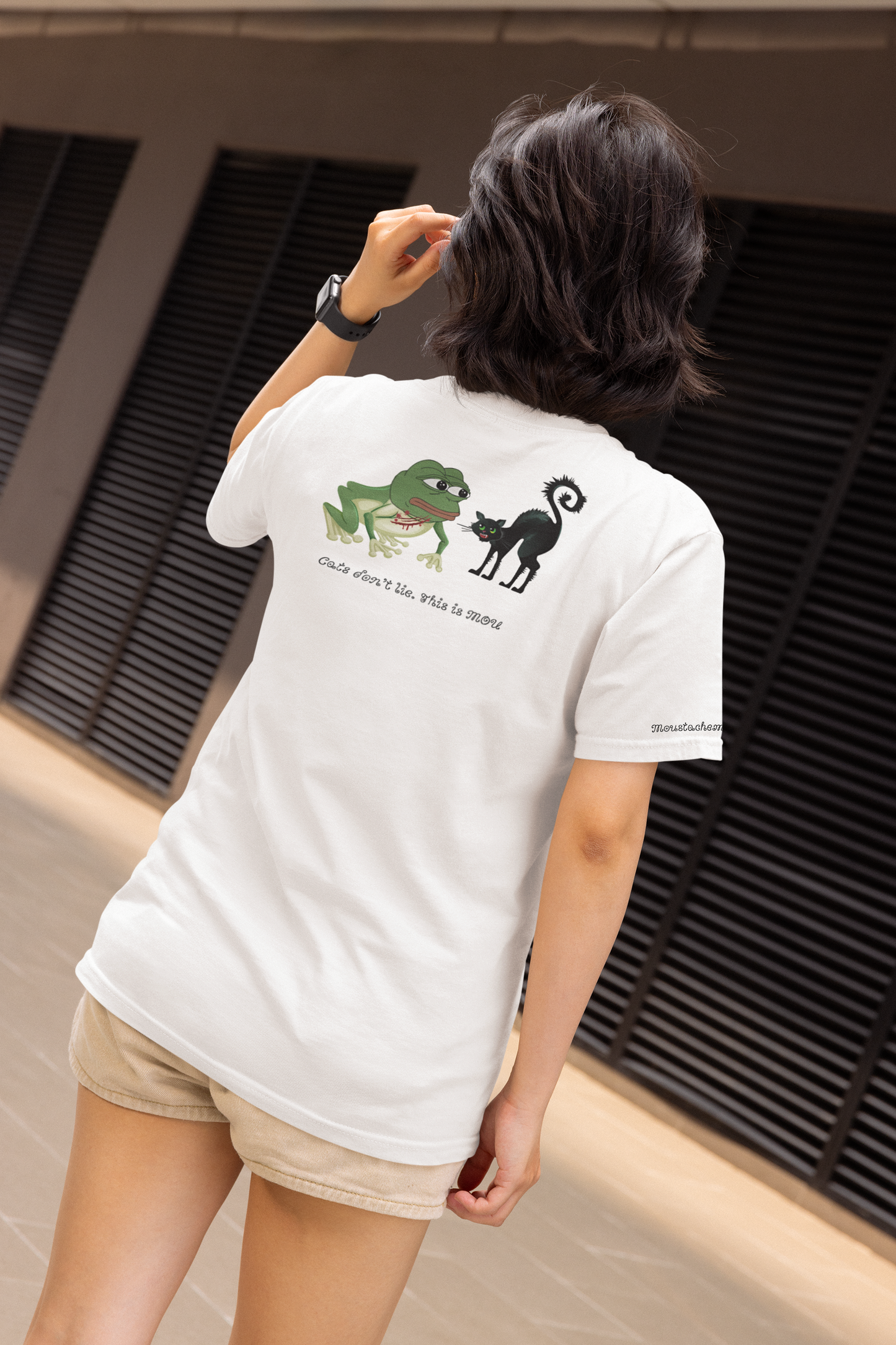 Unisex Meme T-Shirt - Frog and Cat - Organic Cotton - White - Funny Streetwear by Moustache Man