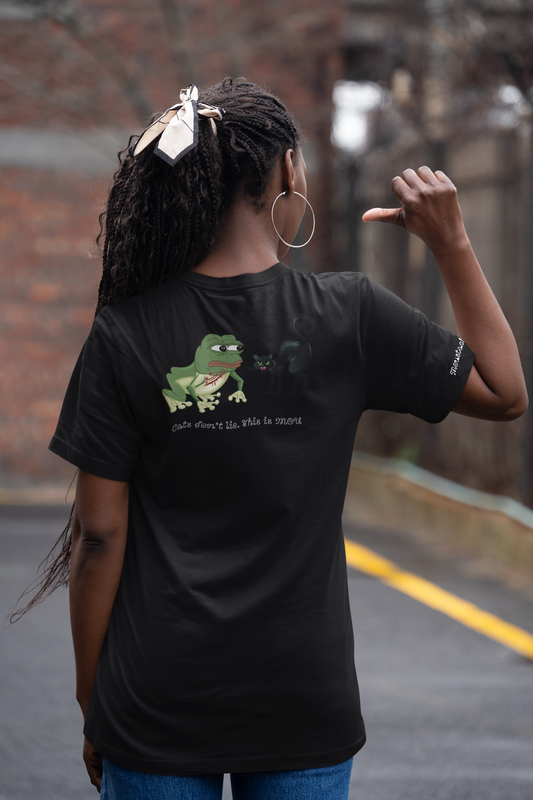 Meme Unisex T-Shirt - Frog and Cat - Organic Cotton - Black - Streetwear Crypto by Mustache Man