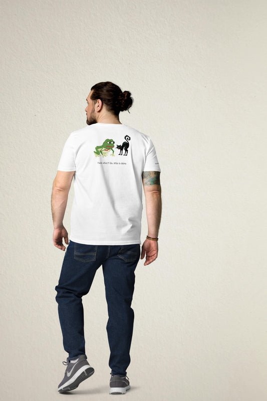 Meme MOU Unisex T-Shirt - Frog and Cat - Organic Cotton - White