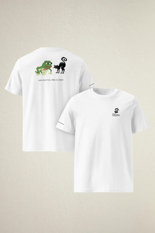 Meme MOU Unisex T-Shirt - Frog and Cat - Organic Cotton - White