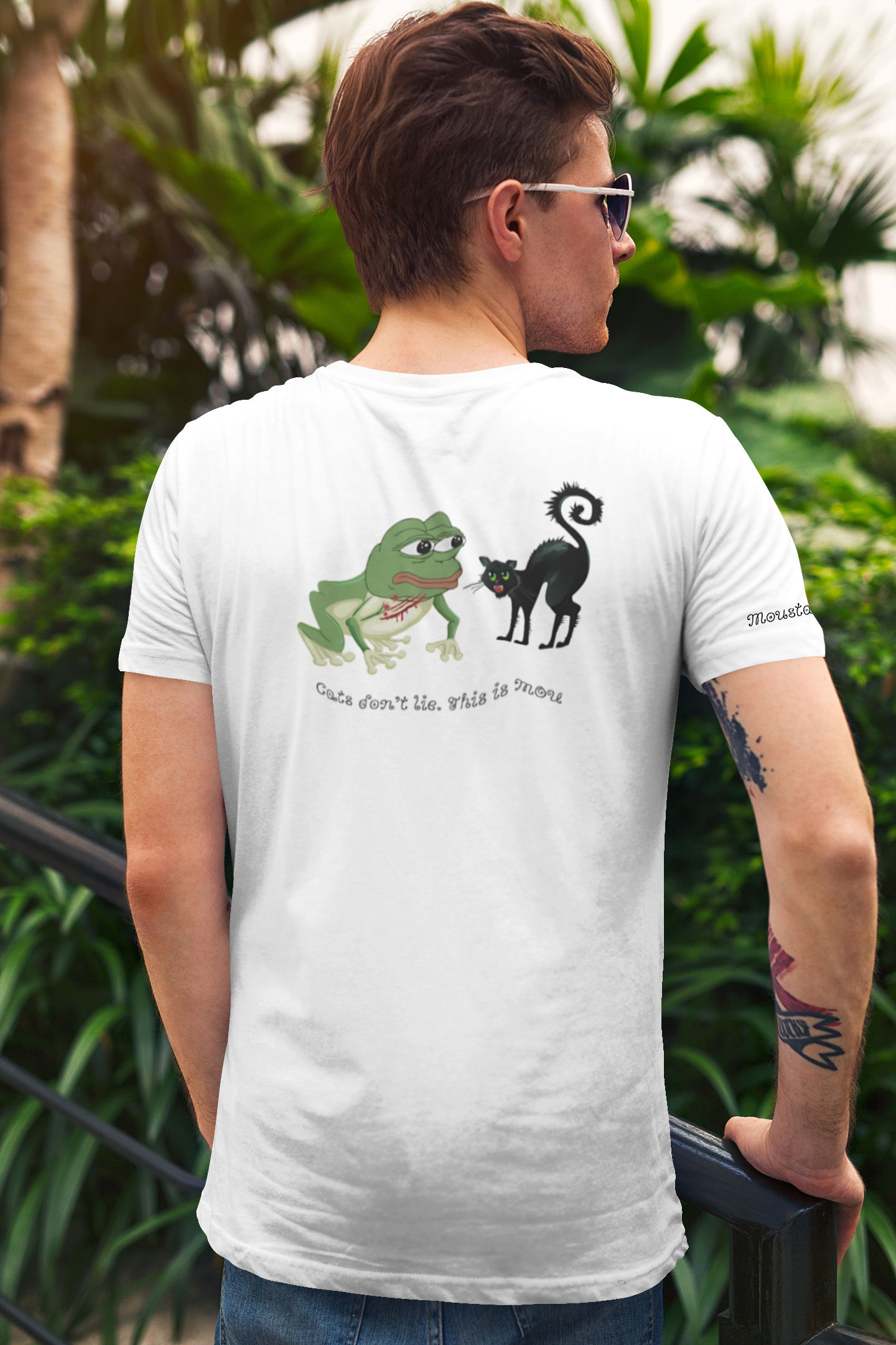 Unisex Meme T-Shirt - Frog and Cat - Organic Cotton - White - Funny Streetwear by Moustache Man