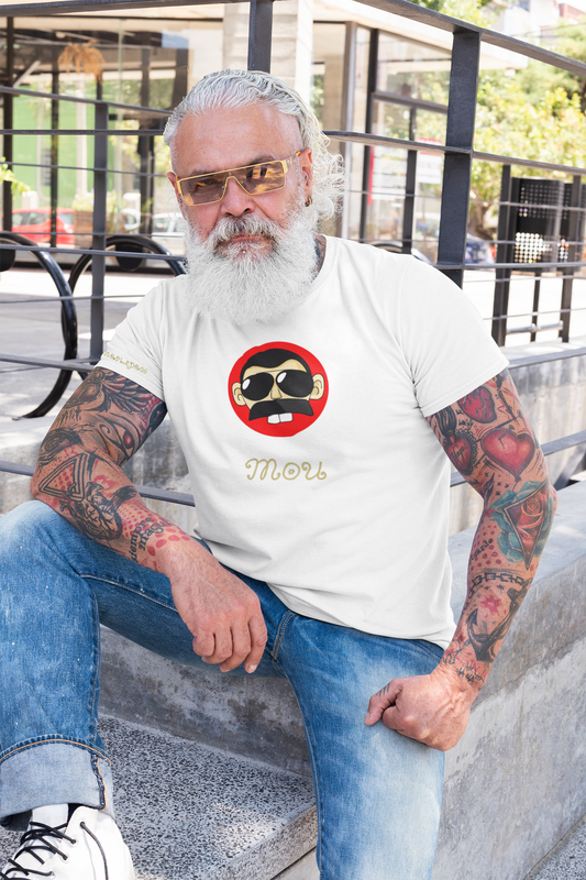 Unisex Meme T-Shirt - Mou Red Logo - Organic Cotton - B/W - Ironic Fashion by Moustache Man